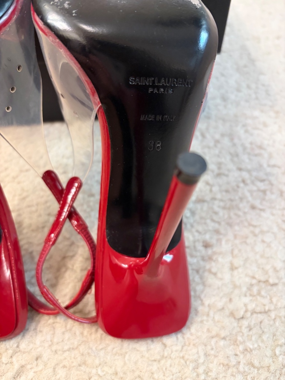 $1,095 SAINT LAURENT Frida Leather And Pvc Slingback Pumps In Cherry - Picture 10 of 13